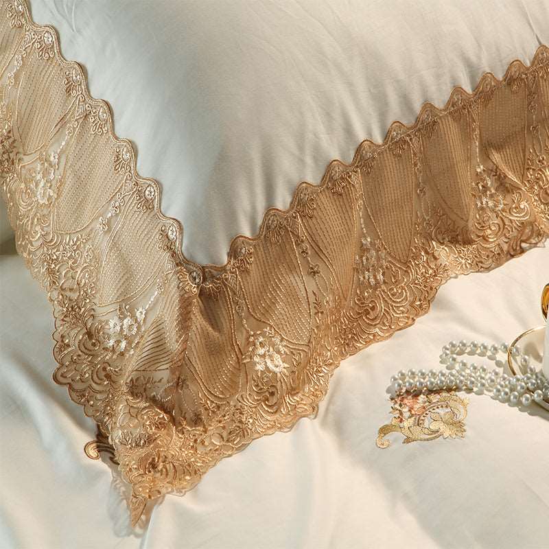 Golden embroidery luxury royal lace Egypian cotton bedding set.