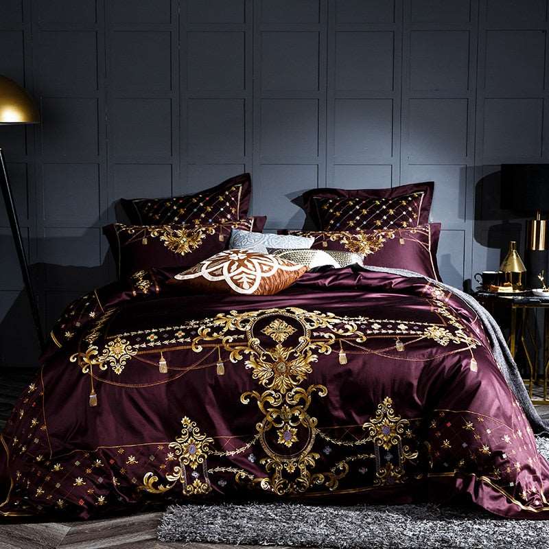 Egyptian cotton blue, purple luxury embroidery bedding set.