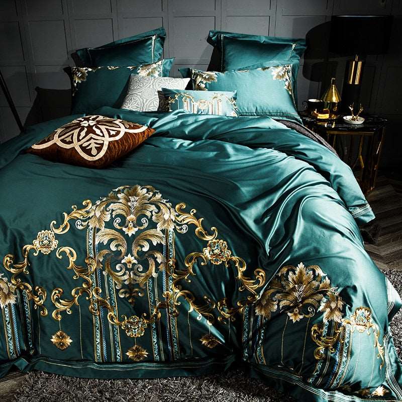 Egyptian cotton blue, purple luxury embroidery bedding set.