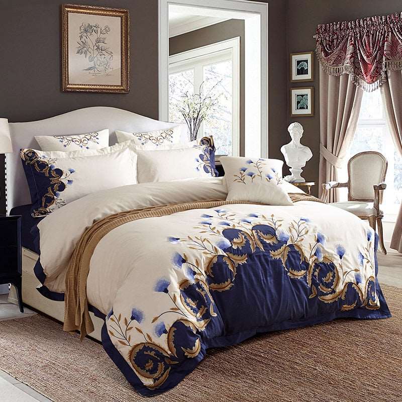Luxury soft blue embroidered Egyptian cotton bedding set
