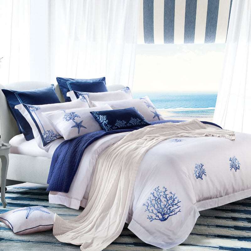 Blue embroidery white premium Egyptian cotton duvet cover set.