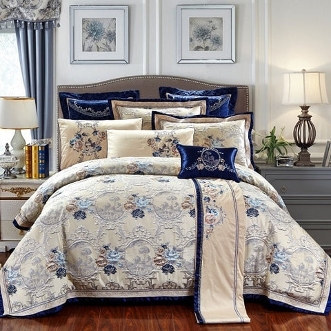 Blue embroidered Jacquard luxury bedding set King & Queen size