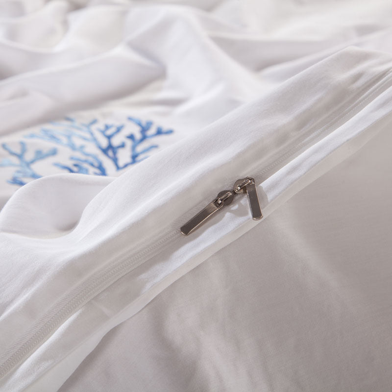 Blue embroidery white premium Egyptian cotton duvet cover set.